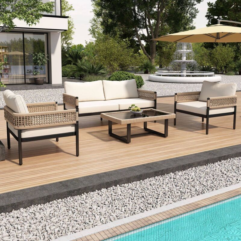 Lot de 4 salon de jardin beige pour terrasse et jardin, compris tous les coussins d'assise et de dossier (canapé double x1, canapé simple x 2, table
