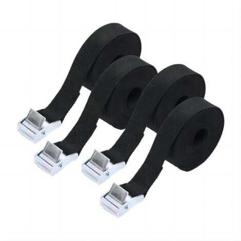 Lot de 4 sangles d'arrimage à cliquet, 1,5 m x 25 mm, tendeurs robustes et réglables pour motos, cargaisons, camions, remorques, bagages (noir)