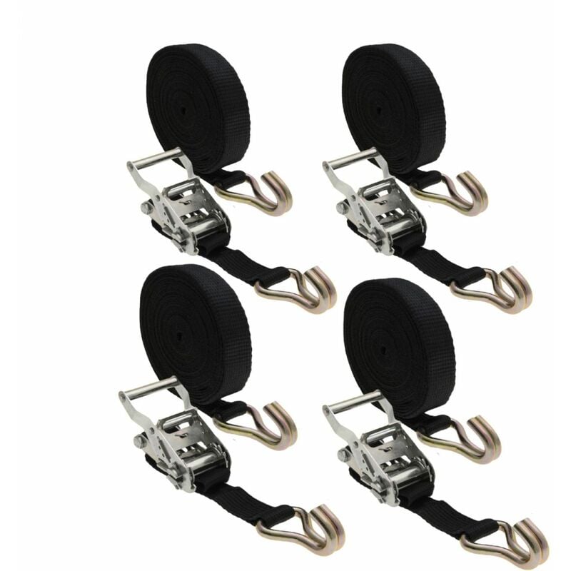 Lot de 4 sangles d'arrimage avec tendeur à cliquet et 2 crochets - 35 mm x 7 m - Noir Linxor