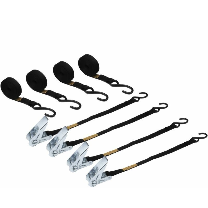 Lot de 4 sangles d'arrimage à cliquet et 2 crochets S - 25 mm x 5 m - Noir - Linxor