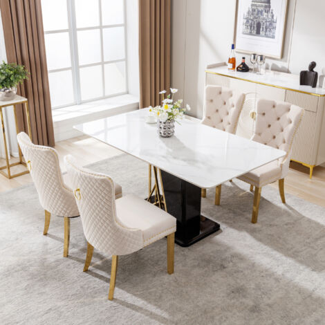 Lot de 4 Sedie da Pranzo con Anello sullo Schienale e Borchie Decorative, Piedini Regolabili, Velluto Beige