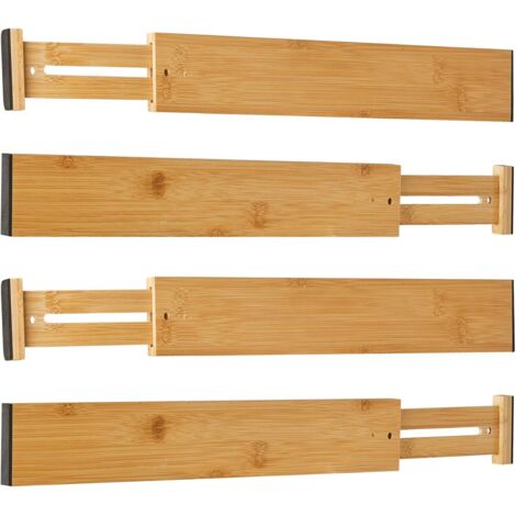 Lot de 4 séparateurs tiroirs en bambou naturel réglables (43-56 cm), à ressorts, système rangement organisateur pour cuisine, salle bain, chambre coucher, commode et bureau -