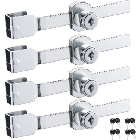Lot de 4 serrures à cliquet pour porte coulissante en verre, vitrine, vitrine, armoire en verre avec finition chromée, clés ident