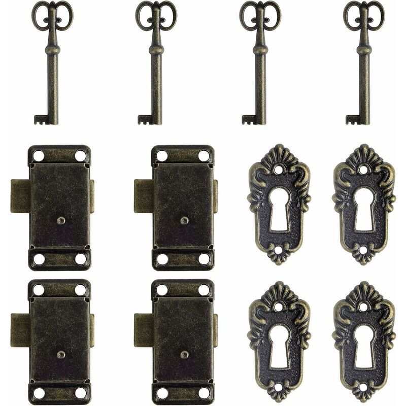 VURAHOME - Lot de 4 serrures de placard antiques en alliage de zinc vieilli avec 4 boutons de tiroir vintage Bronze antique Pour casiers Boîte aux