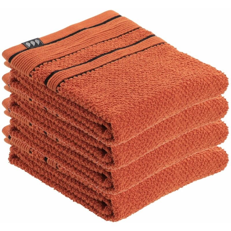 lot de 4 serviettes de toilette 100% coton bicolore terracotta et noir 50 x 90 cm tendance orange