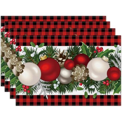 Lot de 4 sets de table de Noël en lin, rouge et noir, motif Buffalo écossais, style ferme, hiver, Noël, maison, cuisine, décoration de table