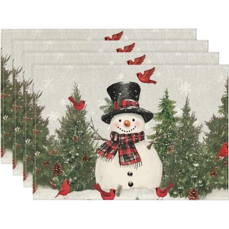 Lot de 4 sets de table de Noël, motif bonhomme de neige, oiseau, arbre, 30 x 40 cm, gris, saisonniers, festifs, pour décoration de fête, cuisine, salle à manger