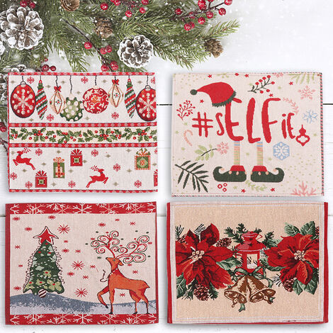 Lot de 4 sets de table de Noël, napperons de cuisine en toile de jute, tapis de table à manger pour décor de fête de vacances (13 x 17 pouces)