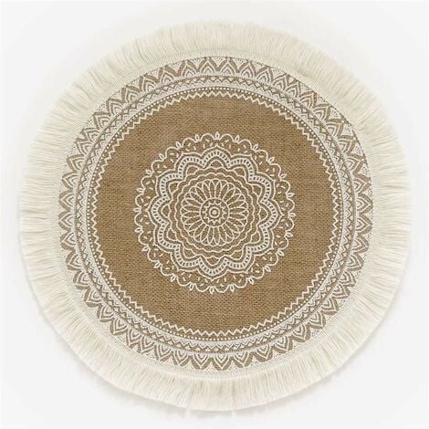 Lot de 4 sets de table ronds imprimés bohèmes – Sets de table en jute avec pompons de 38,1 cm pour décoration de table de salle à manger