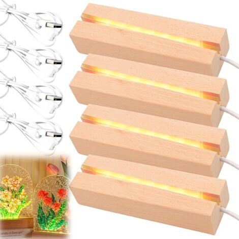 Lot De 4 Socle Lumineux Led Bois, Bases d’Affichage LED Rectangulaires en Bois, Socle Lumineux de Bureau avec Interrupteur USB
