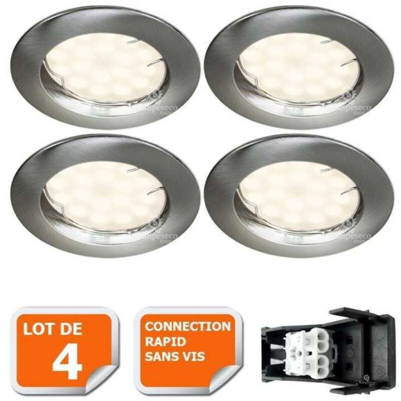 Lot de 4 spot led encastrable complète ronde fixe alu brossé blanc neutre eq. 50w