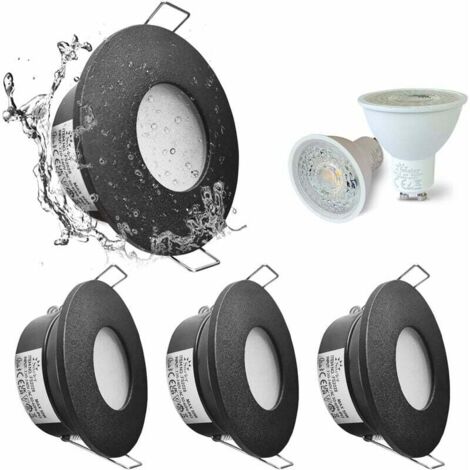 Lot de 4 spots encastrés LED étanches IP65, 5 W, blanc chaud 3000 K, pour salle de bain et cuisine. Éclairage encastré au plafond, diamètre de coupe 68 mm, finition nickel satiné et boîtier noir.