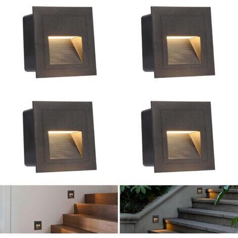 Lot de 4 spots LED encastrés pour escalier, blanc chaud 3000K, 3W, noir, pour intérieur.