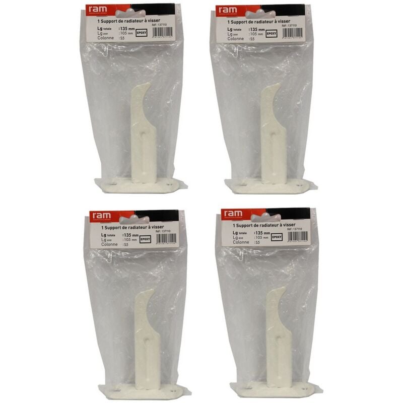 RAM - Lot de 4 supports à visser pour radiateur en fonte type rideau - longueur axe 105 mm - longueur totale 135 mm