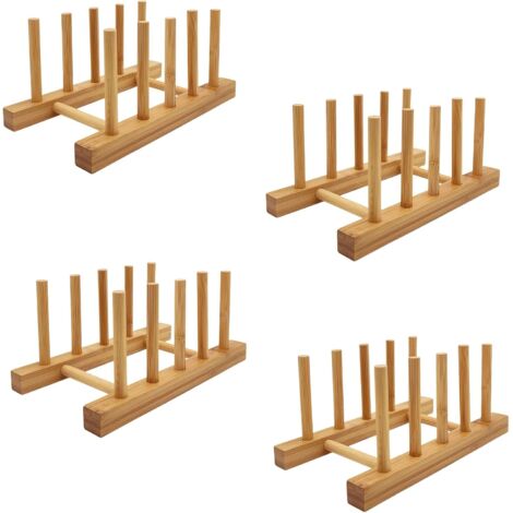 Lot de 4 Supports d'assiettes en Bambou, 4 Fentes, Organiseur Cuisine pour Planches et Couvercles