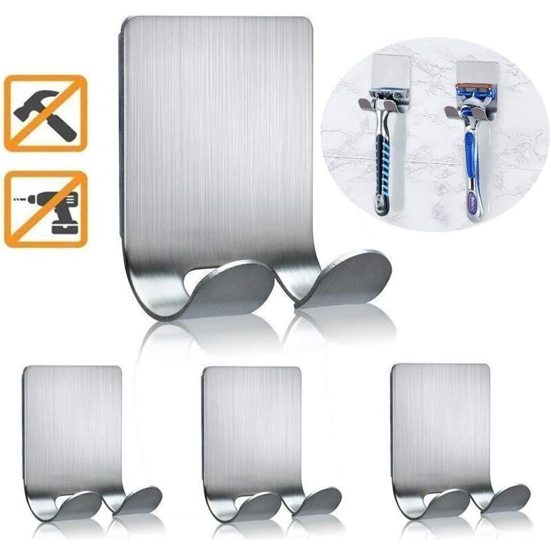 Lot de 4 supports de douche en acier inoxydable, crochets autocollants, sans perçage, adaptés aux rasoirs, brosses, serviettes, peignoirs, chapeaux