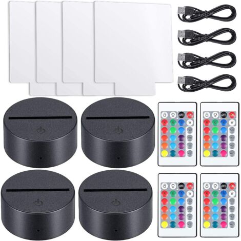 Lot de 4 supports de lampe LED 3D lumineux avec 4 plaques acryliques transparentes, télécommande et câble de chargement, 16 couleurs réglables et 4 modes pour bar (carré)
