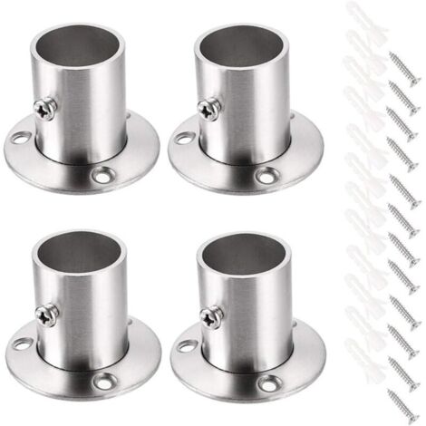 Lot de 4 supports de tringle à rideau Support de rail Support de tige de douille Ensemble de brides en acier inoxydable Supports d'extrémité de tringle de placard pour rideau de placard (Argent)