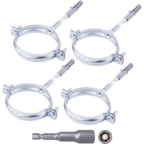 Lot de 4 Supports de tuyau, Acier zingué, Diamètre 60-64 mm, Collier de serrage, Fixation murale et plafond