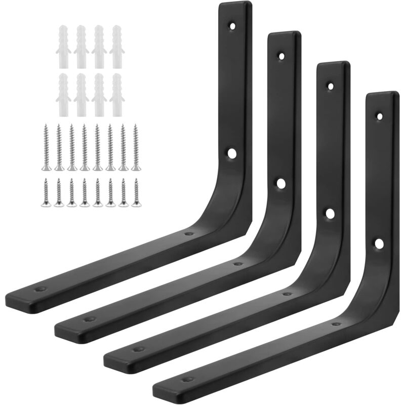 Lot de 4 supports d'étagère d'angle en métal noir - 25,4 x 20,3 cm - Supports d'étagère flottants en forme de L robustes pour étagères avec