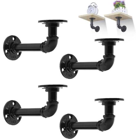 Lot de 4 supports d'étagère en fer noir - fixation murale, hauteur 8cm x profondeur 15cm.