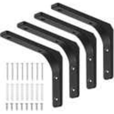 Lot de 4 supports d'étagère noirs de 200 mm, supports muraux en forme de L avec vis et chevilles assorties