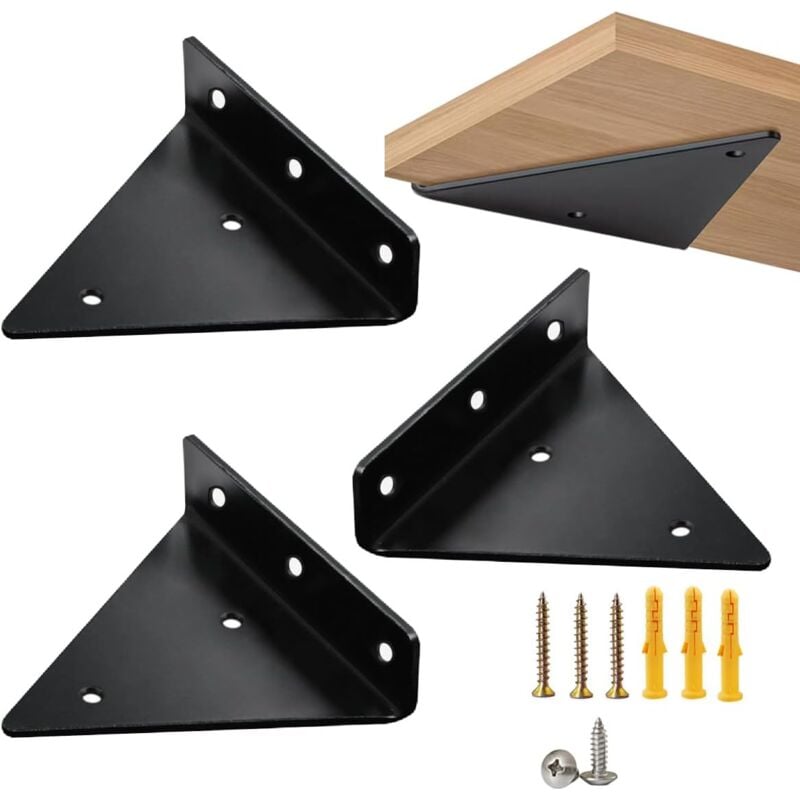 Lot de 4 supports d'étagère triangulaires noirs pour étagères flottantes, supports d'étagère d'angle invisibles avec vis de fixation