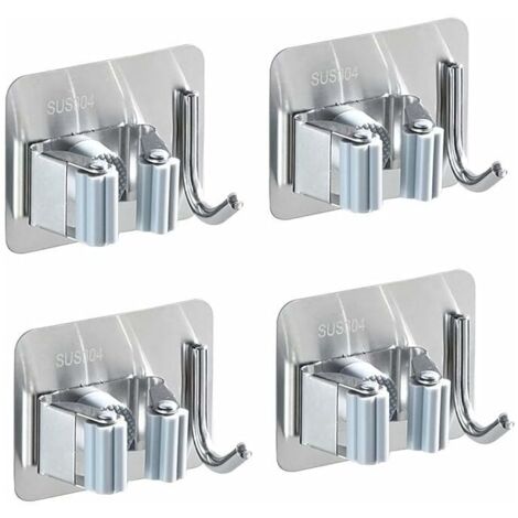 Lot de 4 supports muraux en acier inoxydable - Avec 1 crochet et 1 système de blocage rapide pour serpillère, balai et outil de jardin
