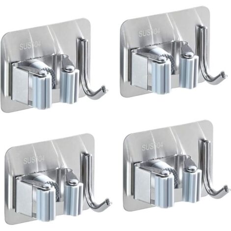 Lot de 4 supports muraux pour balai en acier inoxydable, porte-balai auto-adhésif, antirouille, avec 1 crochet et 1 fixation rapide pour vadrouille, balais et outils de jardin