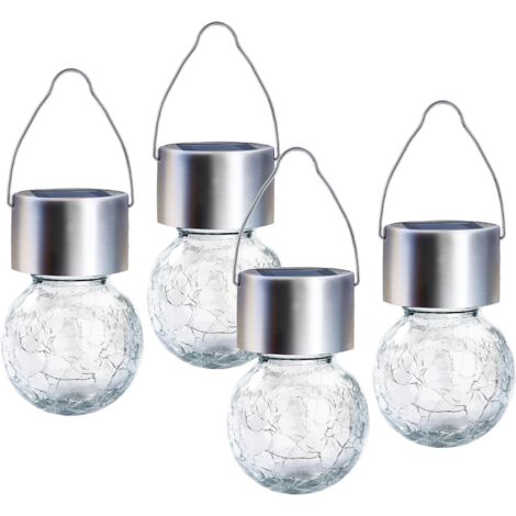 Lot de 4 suspensions solaires en forme de boule craquelée pour jardin, terrasse, pelouse (lumière changeante)