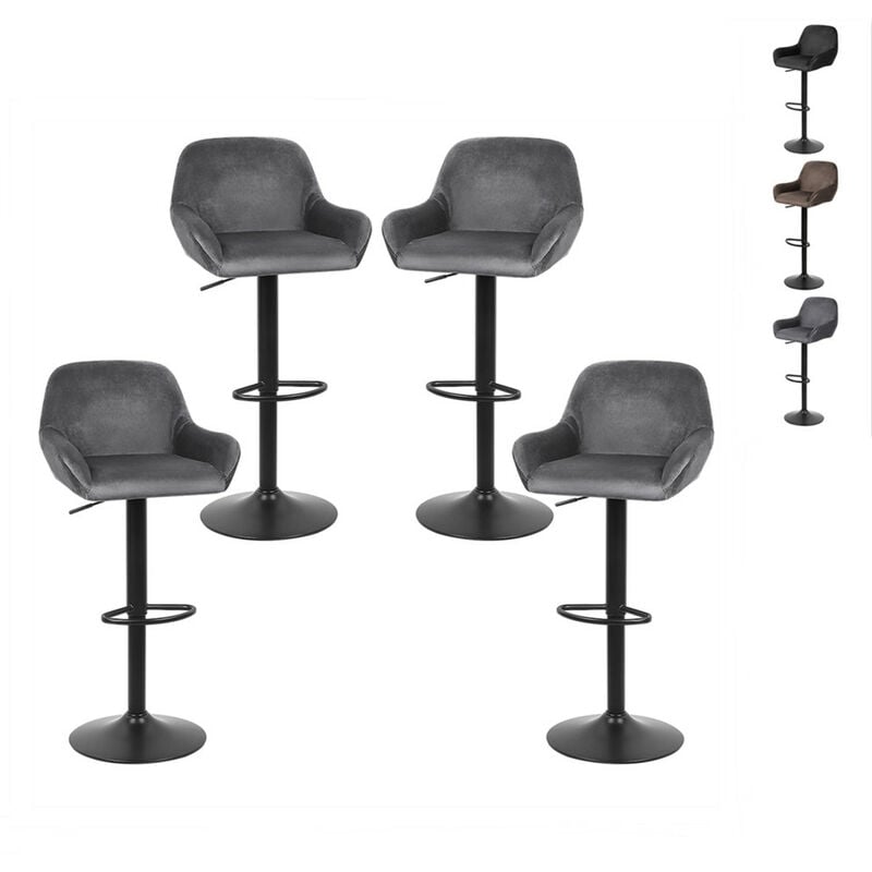 Skecten - Lot de 4 Tabouret de Bar en Velours Hauteur D'assise Réglable 52-72 cm pour Bar Salle à Manger Salon - Gris