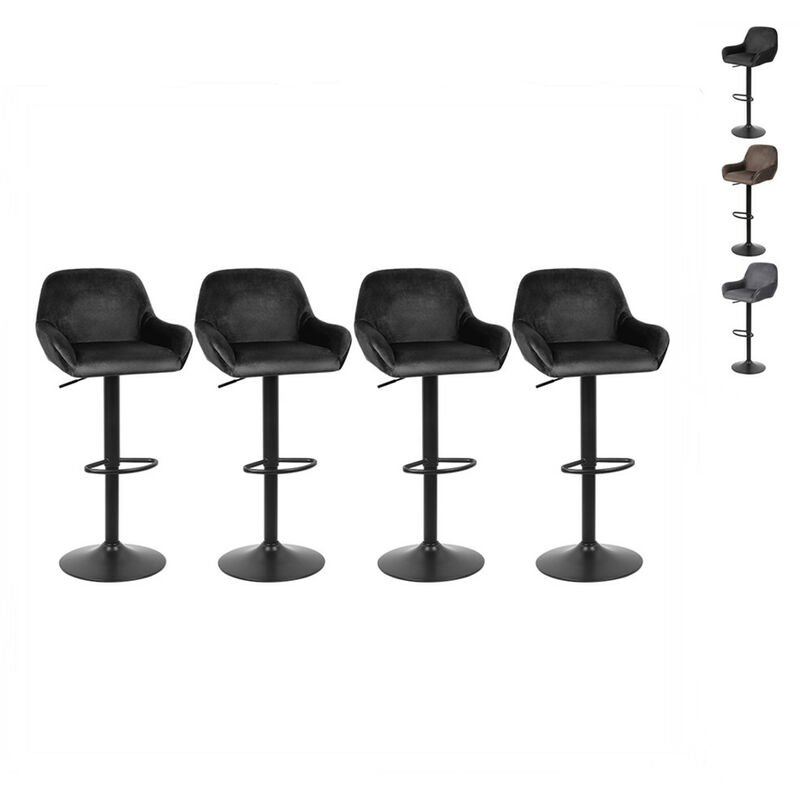 Skecten - Lot de 4 Tabouret de Bar en Velours Hauteur D'assise Réglable 52-72 cm pour Bar Salle à Manger Salon - Noir