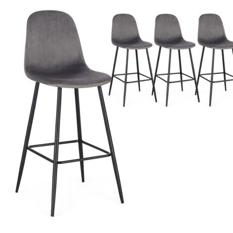 Lot de 4 tabourets BORELA – Velours & pieds en acier noir-Gris