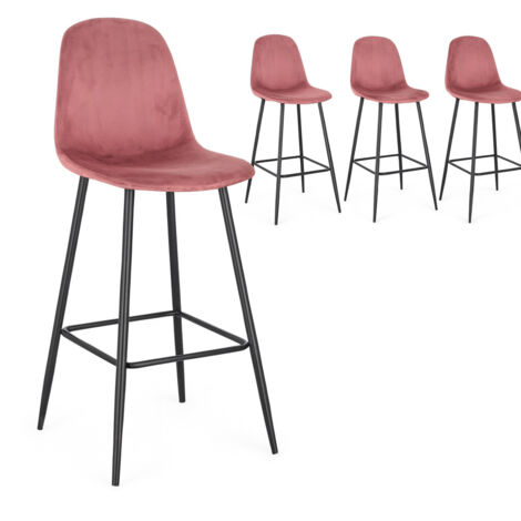 Lot de 4 tabourets BORELA – Velours & pieds en acier noir-Rose