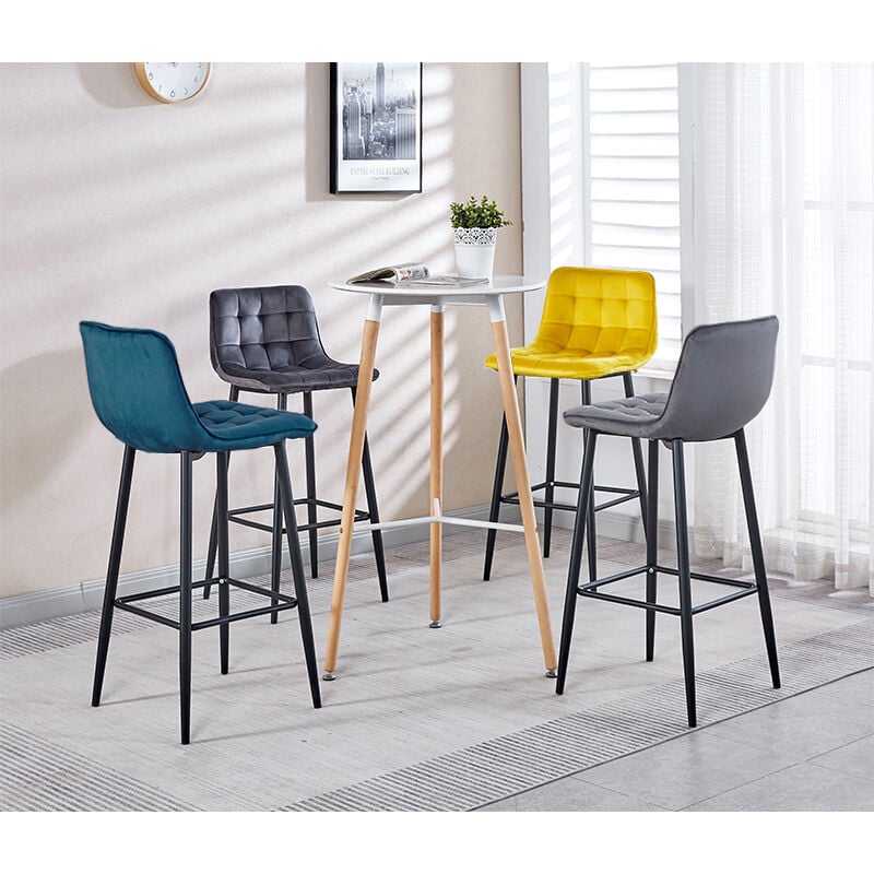 Lot de 4 tabourets de bar bubble en velours mix color bleu, gris clair, gris foncé, jaune