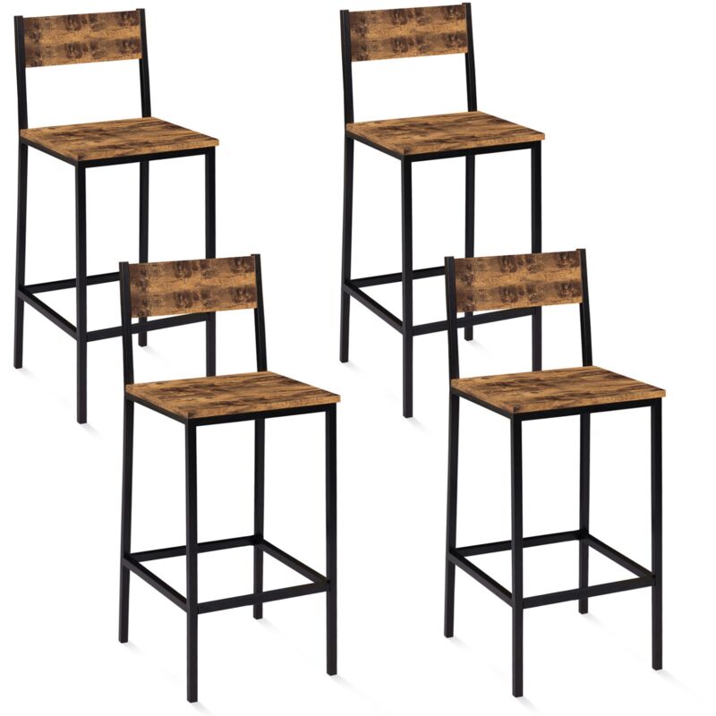 Idmarket – Lot de 4 tabourets de bar avec dossier – Bois foncé effet vieilli et métal noir – Hauteur 95 cm – Repose-pieds en métal pour confort