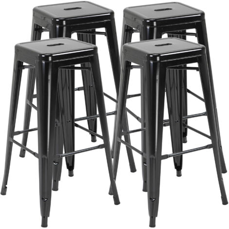 Lot de 4 Tabourets de Bar Empilables, Repose-Pieds, Métal, Style Industriel, 43 x 43 x 76 cm, Noir