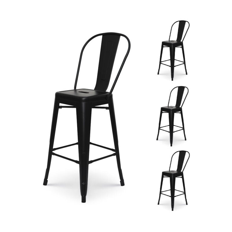 Kosmi - Lot de 4 tabourets de bar en métal noir mat style industriel - Dossier haut - Hauteur 66cm
