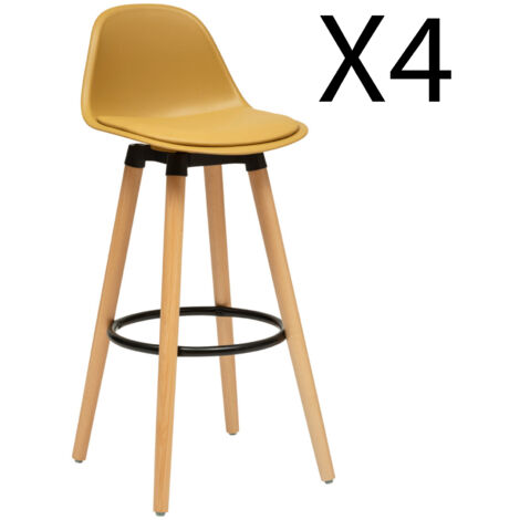 Lot de 4 tabourets de bar en polypropylène jaune, pieds en bois de hêtre -Longueur 39.5 x Profondeur 43 x Hauteur 91.5 cm -PEGANE-