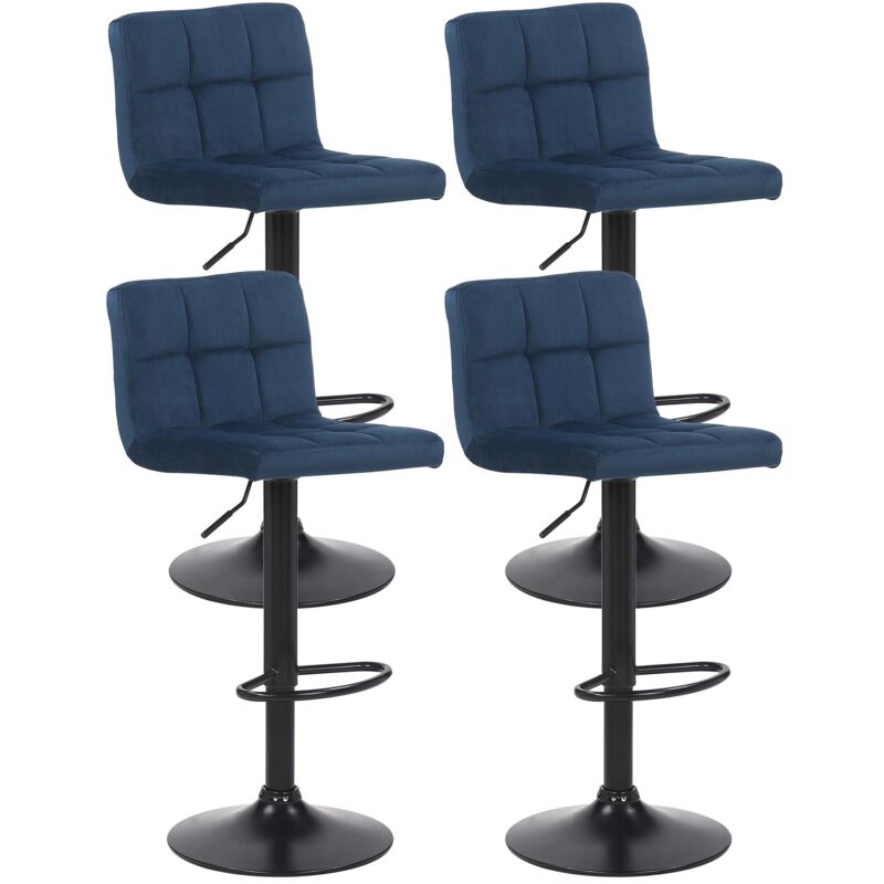 Décoshop26 - Lot de 4 tabourets de bar en velours bleu coutures décoratives piètement métal noir 100004502