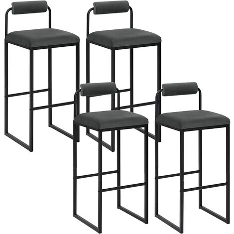 Lot de 4 Tabourets de Bar en Velours et Métal WOLTU, Chaise Haute Bar, Design Moderne, Hauteur du Siège 75cm, Gris Foncé