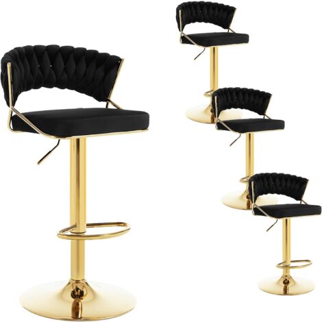 Lot de 4 Tabourets de Bar en Velours et Métal WOLTU, Tabouret Pivotant avec Dossier Tissé et Repose-Pieds, Hauteur Réglable, Noir