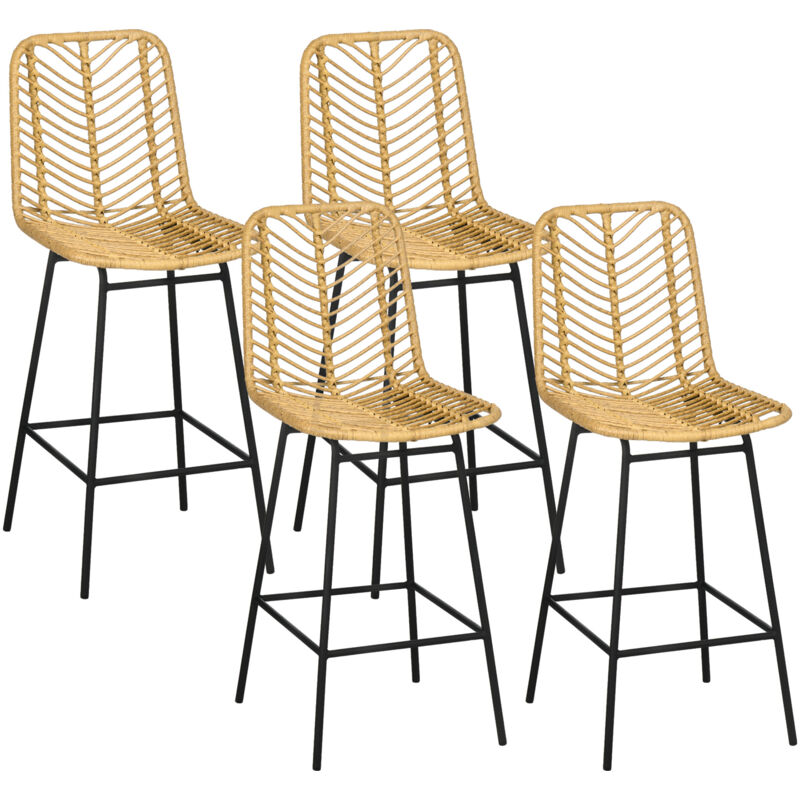 Lot de 4 tabourets de bar - HOMCOM - dossier en cannage et repose-pieds - cadre en acier - 42,5x52x102cm - jaune