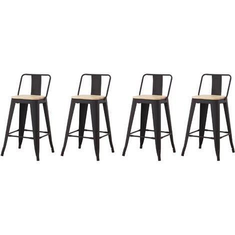 Lot de 4 tabourets de bar industriel avec dossier, assise en bois naturel- hauteur assise 63,5 cm métal noir - Noir