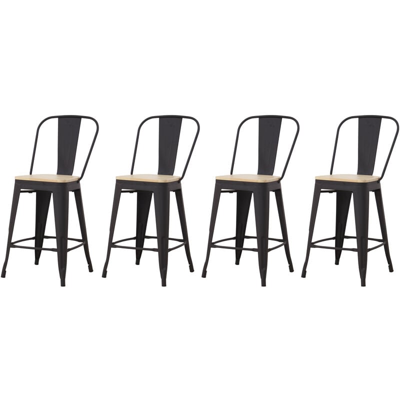 Lot de 4 tabourets de bar industriel avec dossier, assise en bois naturel- hauteur assise 64,5 cm métal noir - Noir