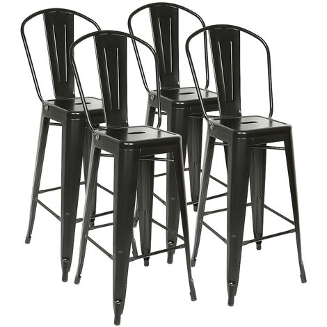 Lot de 4 tabourets de bar industriel avec dossier hauteur assise 76,5 cm métal blanc 53x44x116cm Noir