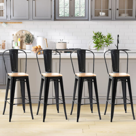 Lot de 4 tabourets de Bar Industriel avec Dossier Repose-Pied Hauteur Assise 76 cm métal noir Panneaux Multicouches Imitation Bois ClairTabouret de bar