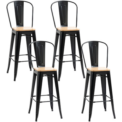 Lot de 4 tabourets de bar industriel avec dossier repose-pied hauteur assise 76 cm métal panneaux multicouches imitation bois clair - Noir
