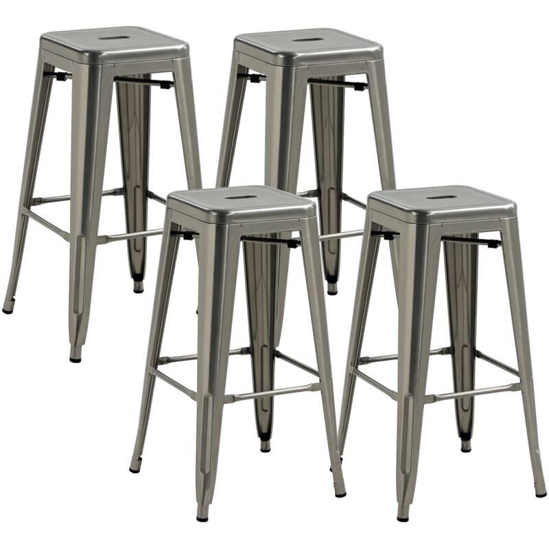 Lot de 4 tabourets de bar industriel empilables hauteur assise 76 cm métal argenté