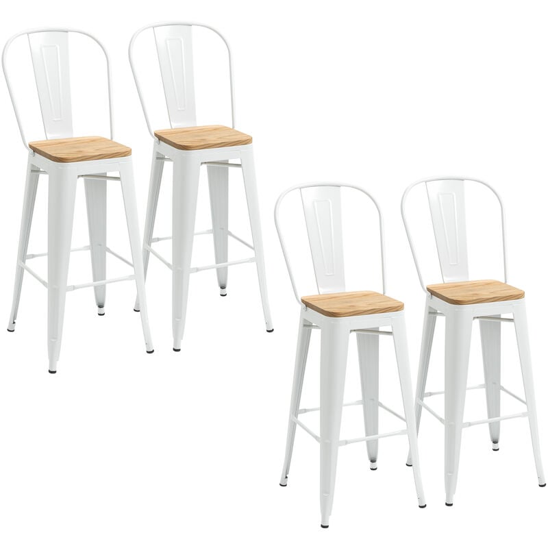 Homcom - Lot de 4 tabourets de bar industriel avec dossier repose-pied hauteur assise 76 cm acier blanc bois d'orme